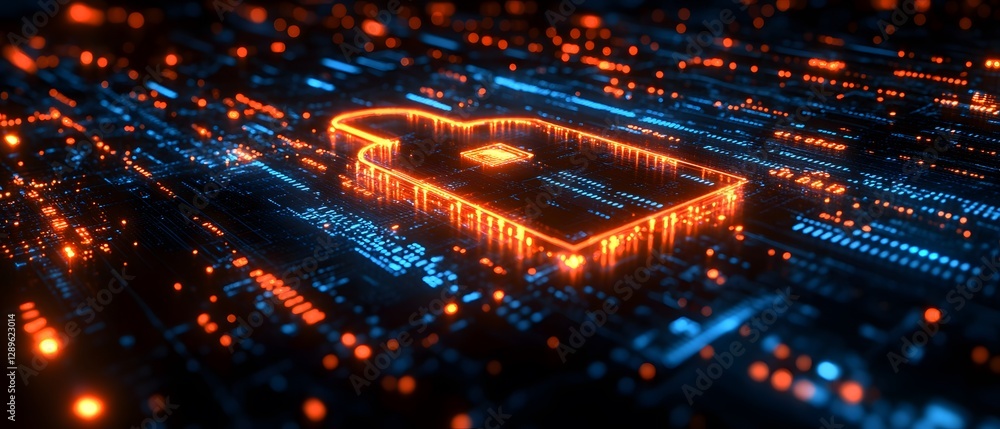 Close-up of a glowing digital padlock amid binary code and data streams, symbolizing cyber security. The futuristic style makes it ideal for media on technology, digital safety, and data protection. Close-up of a glowing digital padlock amid binary code and data streams, symbolizing cyber security. The futuristic style makes it ideal for media on technology, digital safety, and data protection.