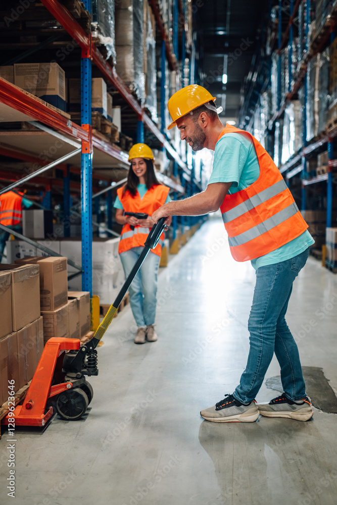 Fototapeta premium Warehouse workers managing inventory with hand pallet truck and scanner