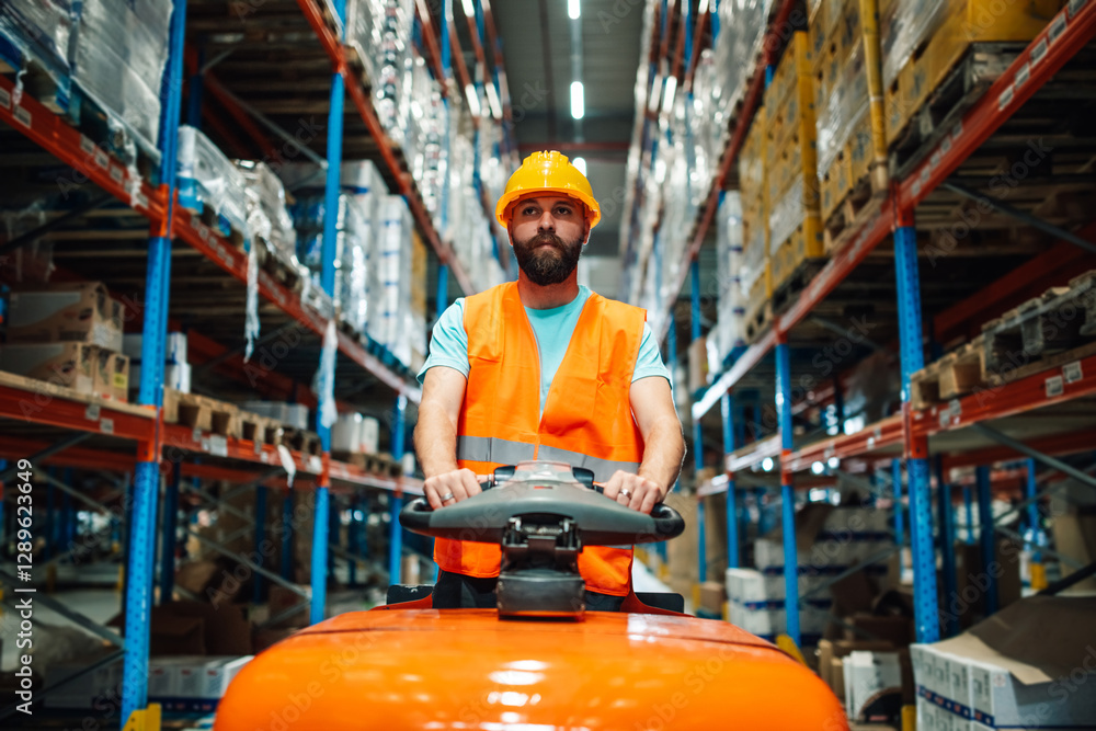 Fototapeta premium Warehouse worker driving forklift between shelves full of goods
