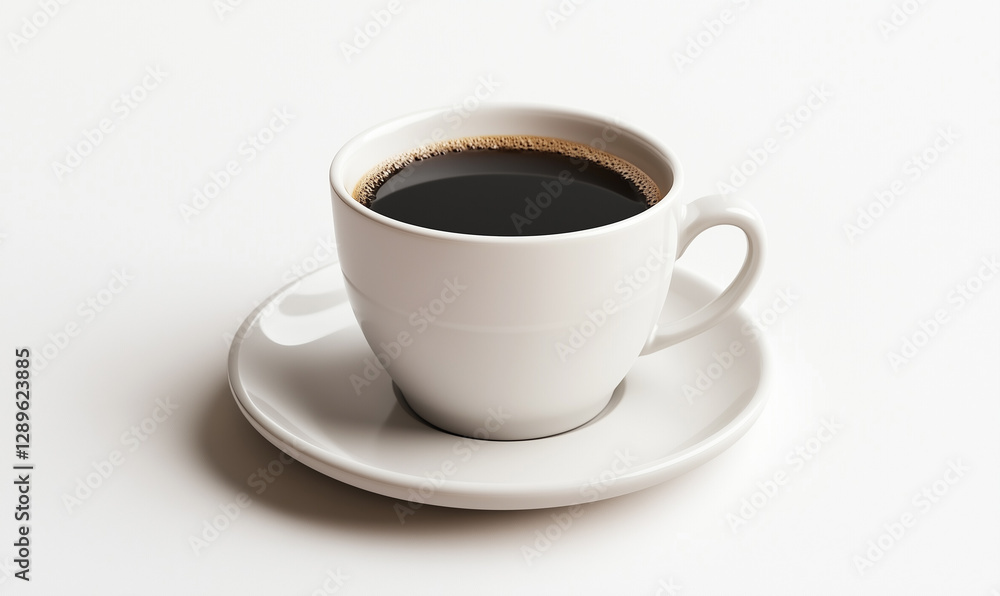 White coffee cup with black coffee on a saucer, isolated on a white background White coffee cup with black coffee on a saucer, isolated on a white background