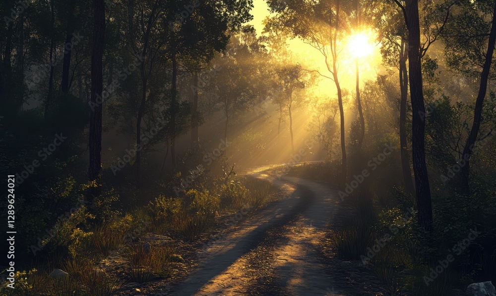 Naklejka premium Scenic bicycle trail winding through a dense forest at sunset, golden rays piercing through the trees, creating a tranquil scen