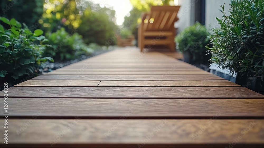 Modern wooden walkway in a landscaped backyard garden at sunset Modern wooden walkway in a landscaped backyard garden at sunset