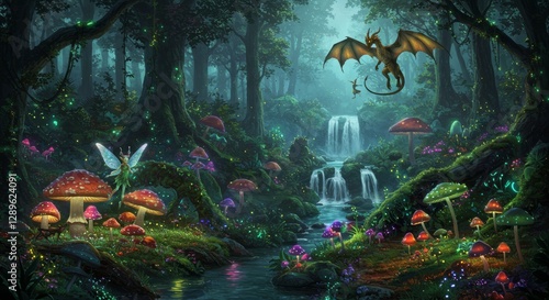 fantasy forest landscape with magical creatures