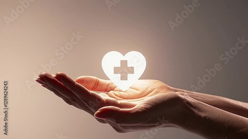 the logo of the medical cross on the hands is shining