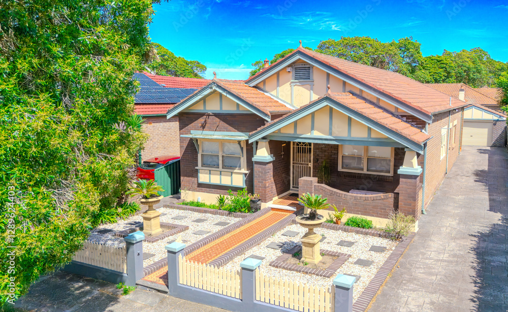 Drone Aerial View of an inner western Sydney Suburban residential Brick house in Sydney NSW Australia Drone Aerial View of an inner western Sydney Suburban residential Brick house in Sydney NSW Australia