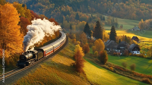 Scenic autumn steam train journey through vibrant valley.