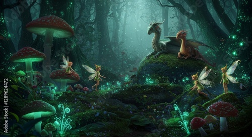fantasy forest landscape with magical creatures