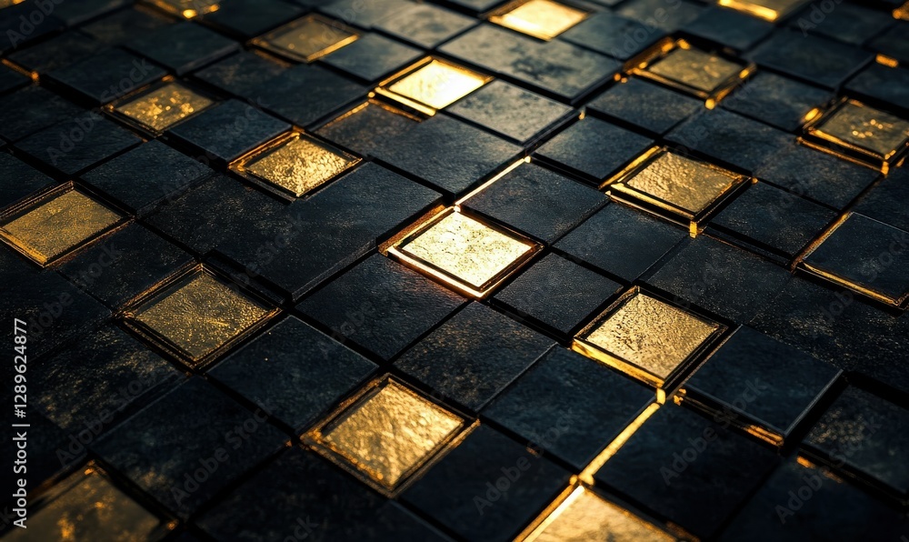 Minimalist geometric pattern of black and gold tiles illuminated by glowing light, creating a luxurious and modern aesthetic