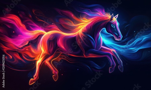 Dynamic abstract illustration of a glowing neon horse silhouette on a black background illuminated by vibrant hues, creating a bold and energetic design photo