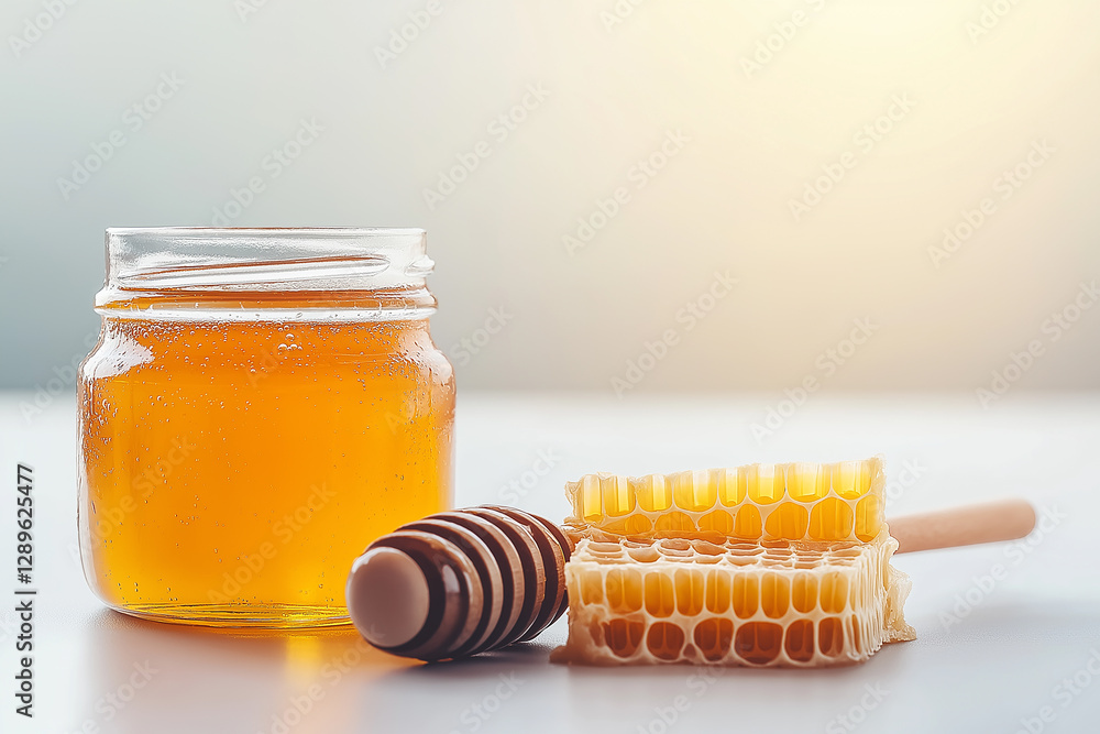 Golden honey in a jar with honeycomb, natural syrup, and sweet organic treat Golden honey in a jar with honeycomb, natural syrup, and sweet organic treat