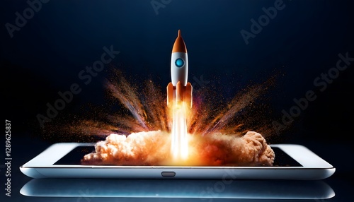 Rocket coming out of Tablet Screen, Innovation and Creativity Concept, background. Business background, Technology Concept . Generative AI