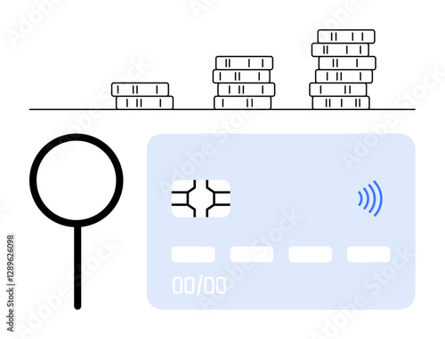 Magnifying glass, credit card, and stacked coins emphasize financial analysis, growth, payment security, and digital transactions. Ideal for banking, finance, savings business investments