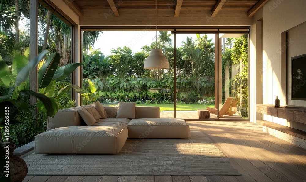 Minimalist living room with a beige sofa, wooden floors, and a large glass window overlooking a lush green garden, bright natural light creating a calming vibe, Minimalist living room with a beige sofa, wooden floors, and a large glass window overlooking a lush green garden, bright natural light creating a calming vibe,