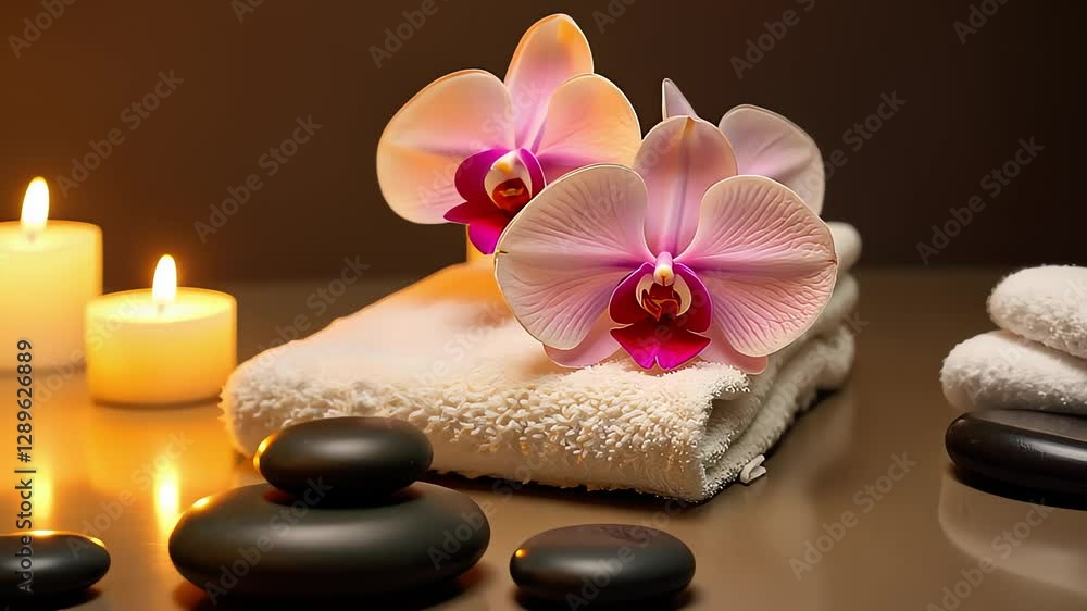 Spa setting with orchid and candles for relaxation Spa setting with orchid and candles for relaxation