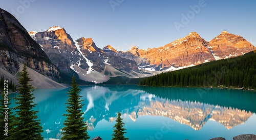 Fototapeta Naklejka Na Ścianę i Meble -  Calm Turquoise Lake Reflecting Snow-capped Mountains and Pine Trees on Sunny Day