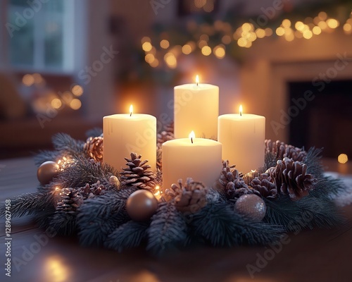 Advent wreath with glowing AR candle lighting guide, cozy holiday home setting, soft warm lighting, photorealistic