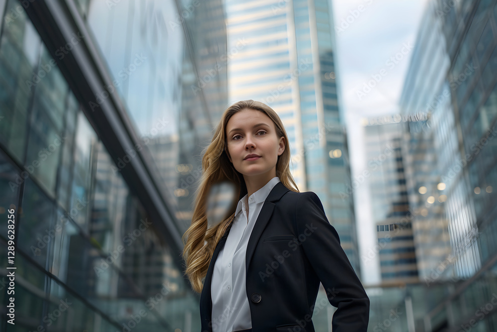 Empowered Businesswoman in Urban Setting with Modern Architecture and Busy Cityscape Empowered Businesswoman in Urban Setting with Modern Architecture and Busy Cityscape