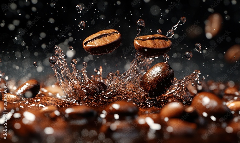 Dynamic macro of coffee beans splashing into water, with droplets and bubbles creating a sense of energy and freshness against a dark background Dynamic macro of coffee beans splashing into water, with droplets and bubbles creating a sense of energy and freshness against a dark background