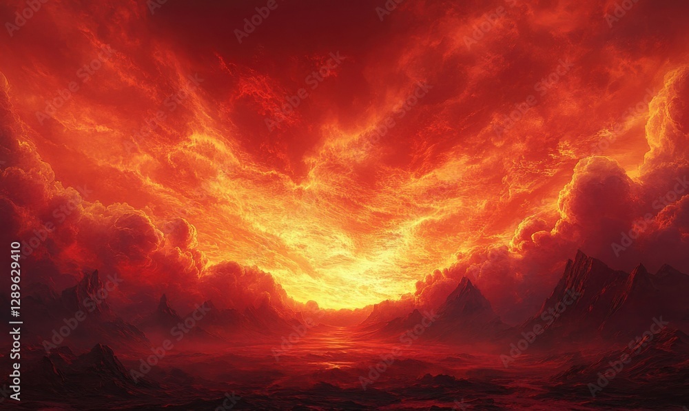 Fototapeta premium Dynamic red and orange sky with dramatic cloud formations during sunset, casting warm hues over the horizon