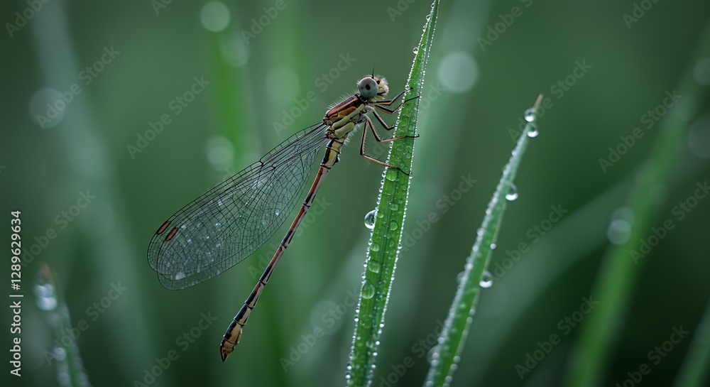 Dragonfly Resting on Dew Covered Grass Blade in Morning Light