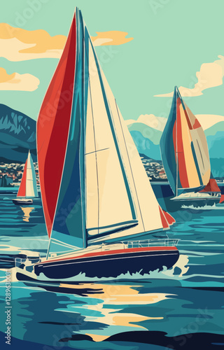 Vintage Sailboat Race Poster, Monte Carlo Diamond Regatta, Retro Ocean Scene