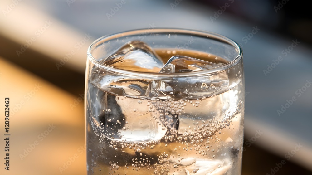 Refreshing drink: Clear glass filled with ice water, bubbles rising in a warm setting with soft light creating a refreshing visual. Refreshing drink: Clear glass filled with ice water, bubbles rising in a warm setting with soft light creating a refreshing visual.