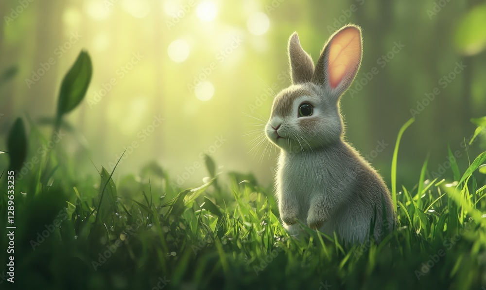 Fototapeta premium Playful bunny surrounded by fresh green grass, softly illuminated to emphasize its soft fur and natural surroundings