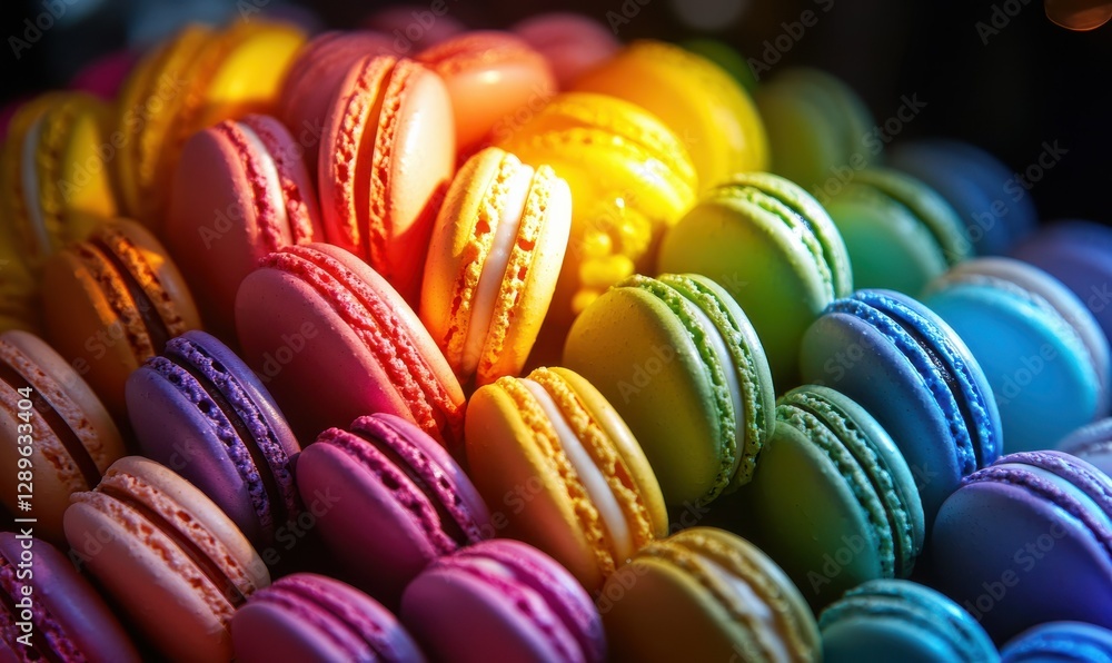 Playful display of colorful macarons arranged in a spiral pattern illuminated by soft glowing light, evoking elegance and whimsy in a dessert scene Playful display of colorful macarons arranged in a spiral pattern illuminated by soft glowing light, evoking elegance and whimsy in a dessert scene