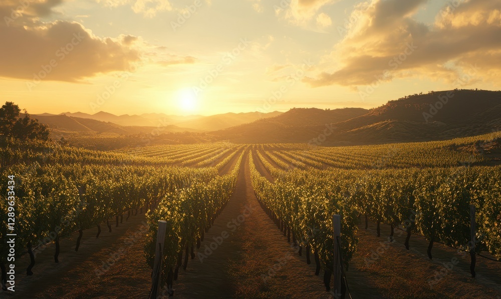 Fototapeta premium Scenic vineyard stretching across rolling hills under a golden sunset, with rows of grapevines glowing in the evening light.
