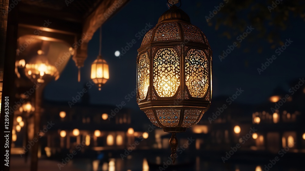 Fototapeta premium A glowing ornate lantern illuminates a moonlit night, casting a warm, enchanting glow over a picturesque, softly blurred cityscape of distant buildings.