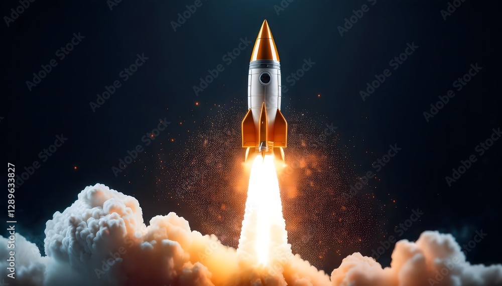 Obraz premium Rocket Taking off Isolated on Black Background. Business background, Technology Concept .