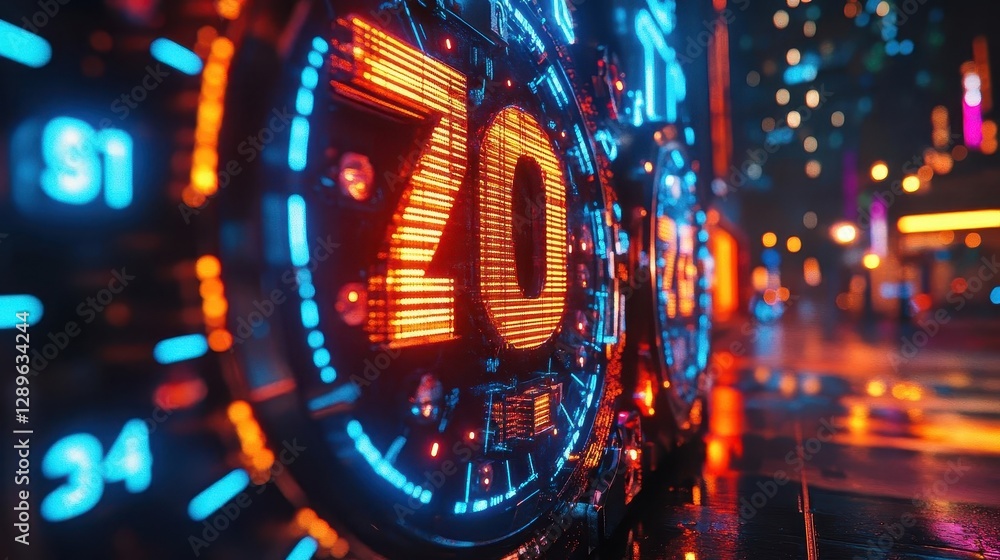 Fototapeta premium Countdown clock with glowing AR time displays, vibrant party setting, dynamic lighting, photorealistic