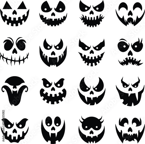 Scary Halloween Pumpkin Faces Vector Silhouette Set, Evil Grins, Creepy Jack-o'-Lanterns & Horror Expressions.