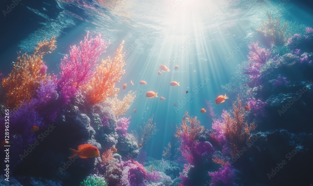 Fototapeta premium Vibrant underwater shot of colorful coral reefs with tropical fish swimming around, bright sunlight streaming through the water, evoking marine wonder and serenity,
