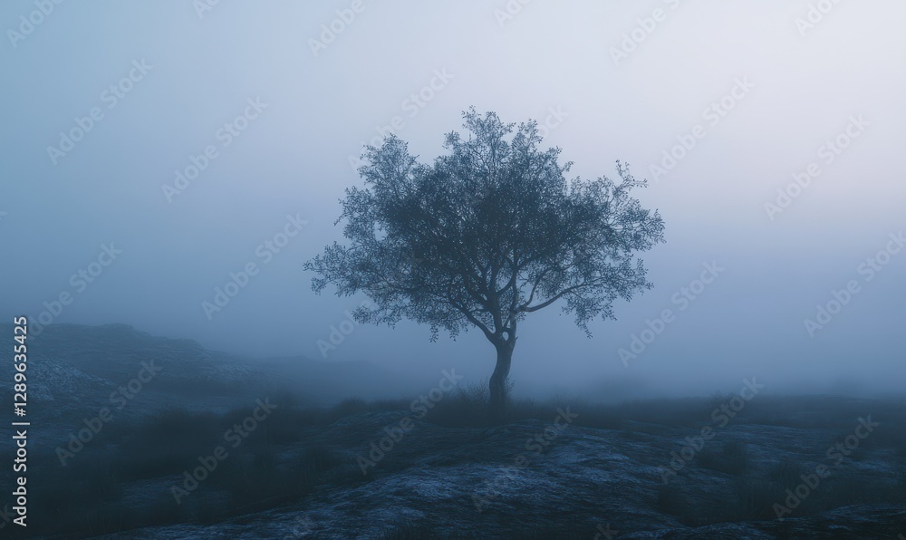 Lone tree standing on a foggy field at dawn, soft light filtering through the mist creating a mysterious atmosphere, muted earthy tone Lone tree standing on a foggy field at dawn, soft light filtering through the mist creating a mysterious atmosphere, muted earthy tone
