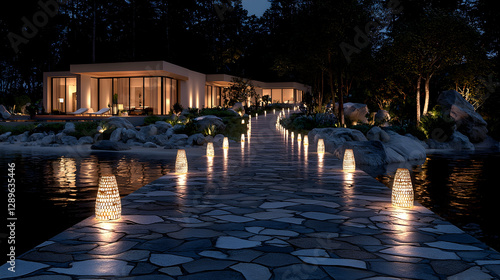 Modern house, night lighting, lake walkway