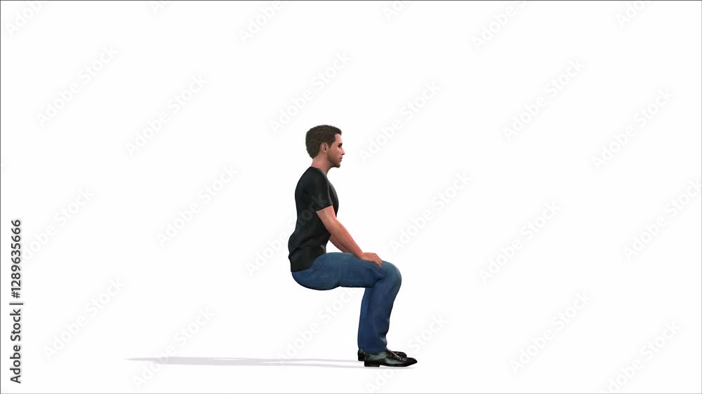 4k boy Standing And Sitting on chair animation with a cycle view on a white screen, The 3D character of a man sit and stand movement isolated 4k boy Standing And Sitting on chair animation with a cycle view on a white screen, The 3D character of a man sit and stand movement isolated