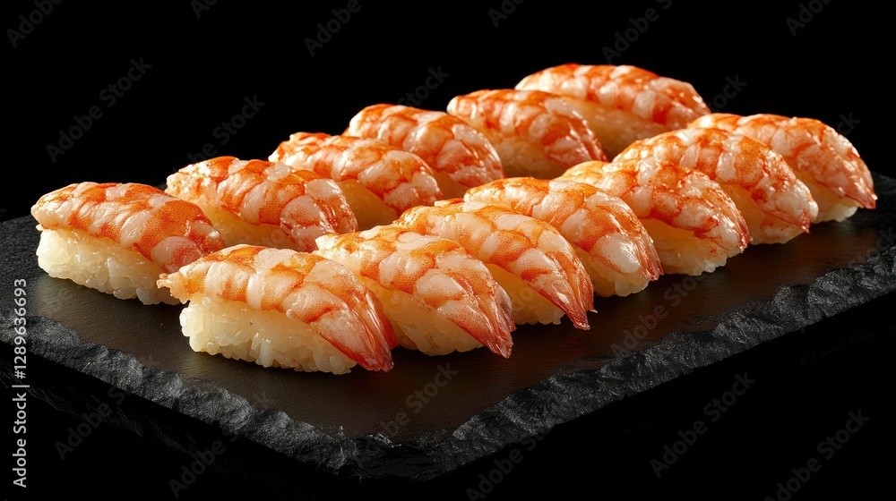 Shrimp sushi nigiri platter, dark background, restaurant menu Shrimp sushi nigiri platter, dark background, restaurant menu