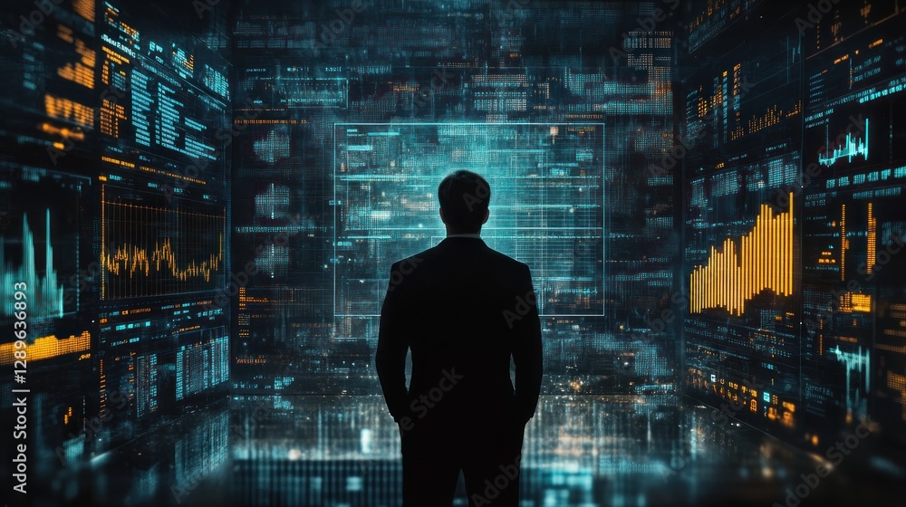 A businessman surrounded by stock charts and financial graphs, representing the data-driven nature of investments and financial decisions. A businessman surrounded by stock charts and financial graphs, representing the data-driven nature of investments and financial decisions.