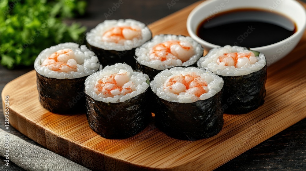 Shrimp sushi rolls, wooden board, soy sauce, dark background, food photography Shrimp sushi rolls, wooden board, soy sauce, dark background, food photography