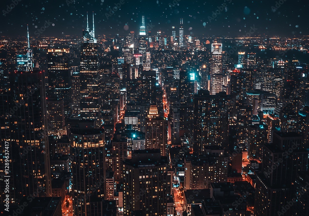 Illuminated Cityscape View at Night with Many High Rise Buildings Illuminated Cityscape View at Night with Many High Rise Buildings