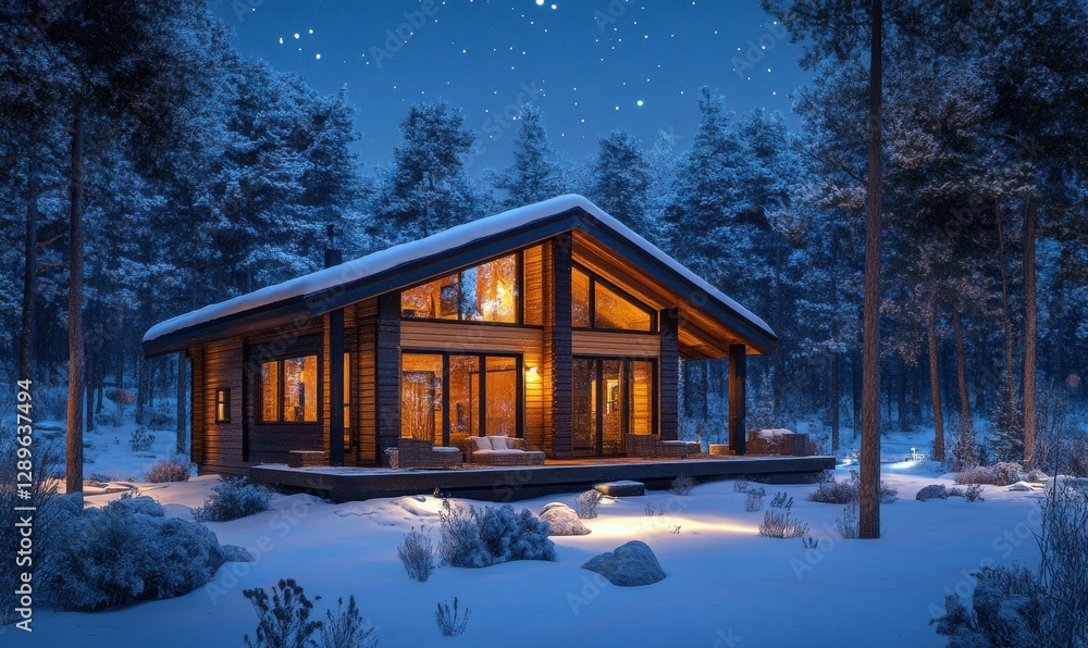 Scenic nighttime view of a cozy cabin illuminated by warm light, surrounded by a snowy forest landscape. Scenic nighttime view of a cozy cabin illuminated by warm light, surrounded by a snowy forest landscape.