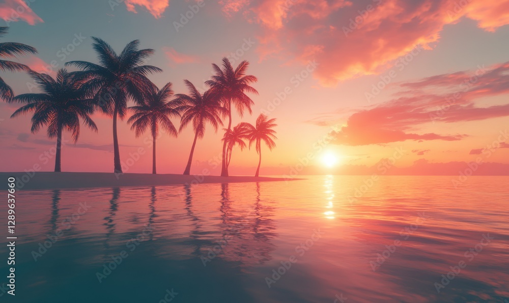Scenic sunset over a tropical beach with palm trees silhouetted against the glowing sky, reflecting on calm ocean waves. Warm tones evoke paradise, Scenic sunset over a tropical beach with palm trees silhouetted against the glowing sky, reflecting on calm ocean waves. Warm tones evoke paradise,