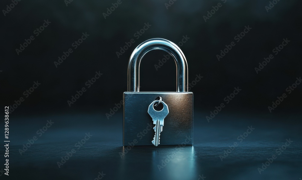 Fototapeta premium Shiny silver lock with a key, placed against a smooth black surface, symbolizing security and confidentiality.