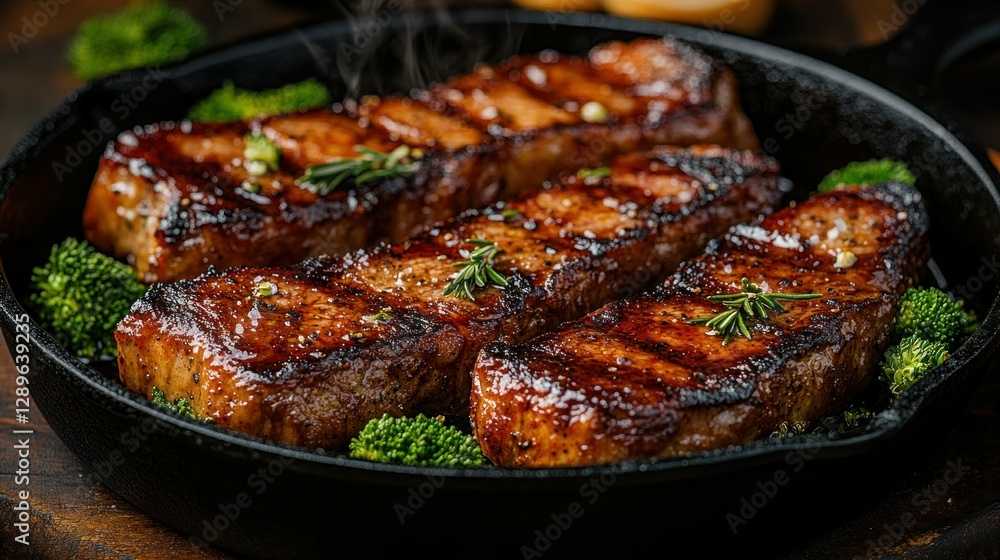 Sizzling steaks, skillet, rosemary, broccoli, wood, restaurant menu Sizzling steaks, skillet, rosemary, broccoli, wood, restaurant menu