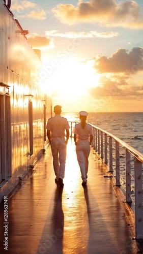 Officers Walking on Ship Deck at Sunset