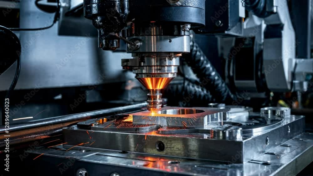 Close-up video of a CNC machine cutting metal, sparks flying. Captured from a low angle, highlighting precision and industrial craftsmanship. Close-up video of a CNC machine cutting metal, sparks flying. Captured from a low angle, highlighting precision and industrial craftsmanship.