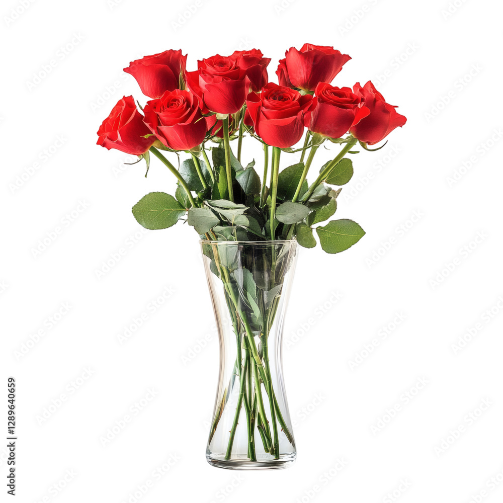 A Glass Vase with Vibrant Red Roses Isolated on Transparent Background A Glass Vase with Vibrant Red Roses Isolated on Transparent Background