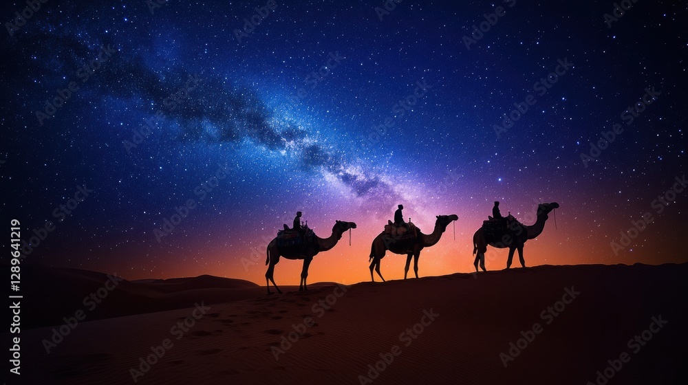 Starlit Journey: Camels traverse the Sahara beneath the vast, sparkling night sky. Starlit Journey: Camels traverse the Sahara beneath the vast, sparkling night sky.