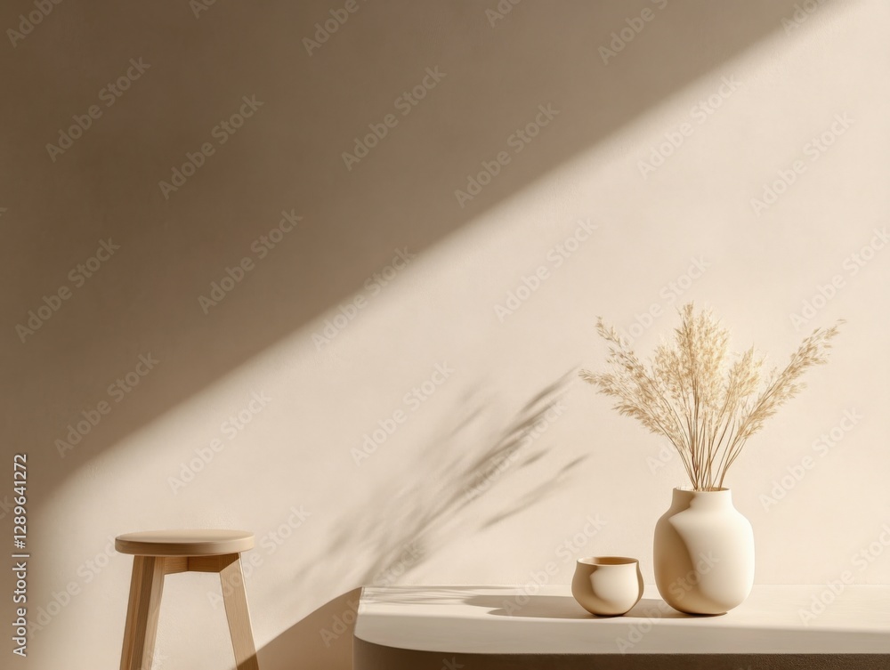 beige interior decor with stool and decorative grasses in vase. beige interior decor with stool and decorative grasses in vase.